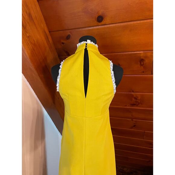 Vintage 70s Bright Yellow Lace Trim Keyhole Empire Waist Maxi Dress - Picture 5 of 7